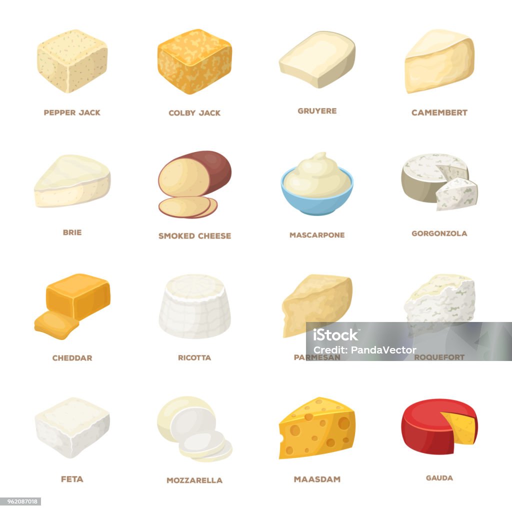 Diversi tipi di icone dei cartoni animati di formaggio nella collezione di set per design.Il prodotto latte formaggio vettore simbolo stock illustrazione web. - arte vettoriale royalty-free di Parmigiano