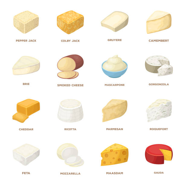 ilustrações de stock, clip art, desenhos animados e ícones de different kind of cheese cartoon icons in set collection for design.milk product cheese vector symbol stock web illustration. - parmesan cheese