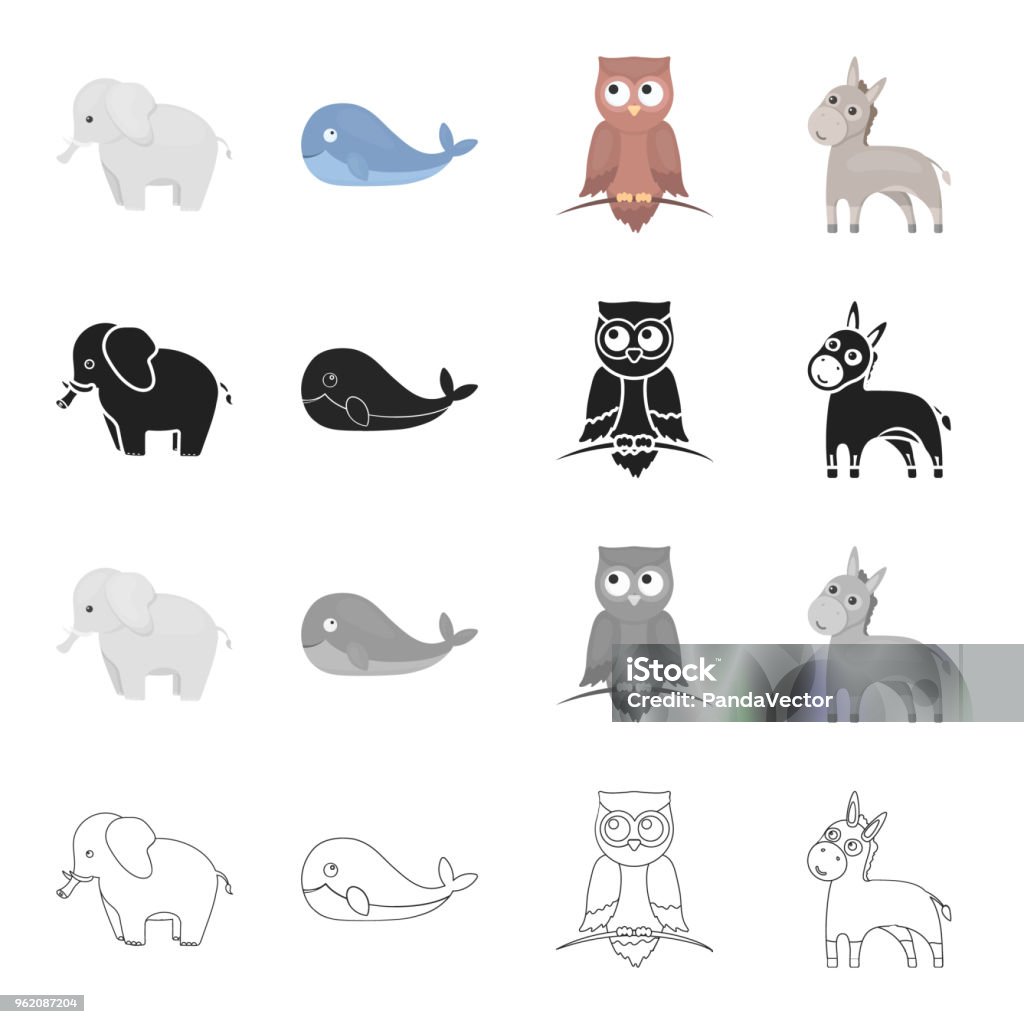 An elephant, a large land animal, a whale, a donkey, a night owl. Animals set collection icons in cartoon black monochrome outline style vector symbol stock illustration web. An elephant, a large land animal, a whale, a donkey, a night owl. Animals set collection icons in cartoon black monochrome outline style vector symbol stock illustration . Donkey stock vector