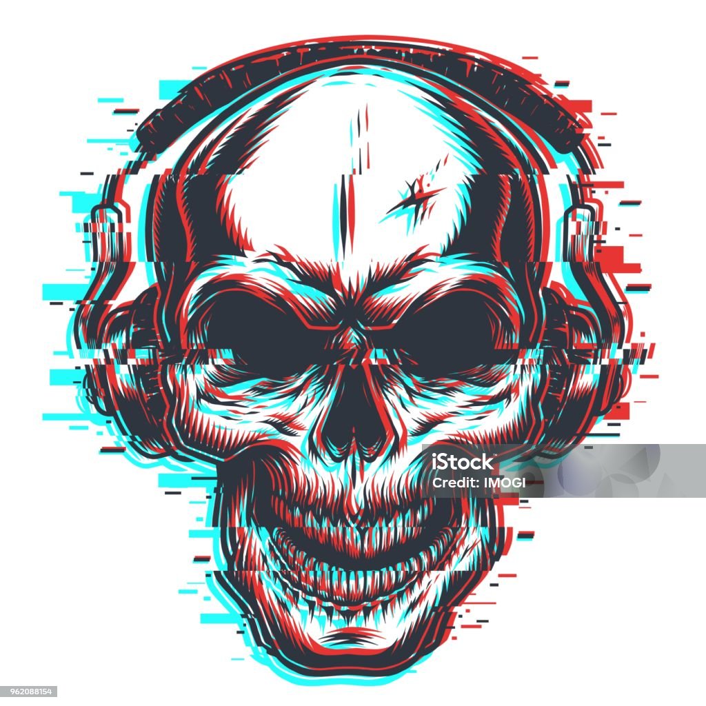 Skull with headphones Skull with headphones in glitch effect. Vector illustration Skull and Crossbones stock vector
