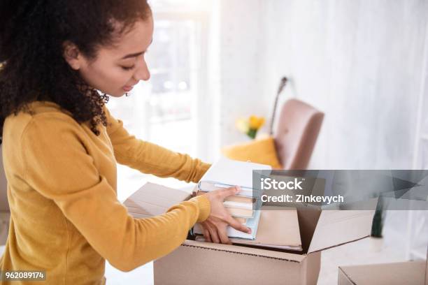 Ragazza Piuttosto Riccia Che Adatta I Libri Nella Scatola - Fotografie stock e altre immagini di Imballare