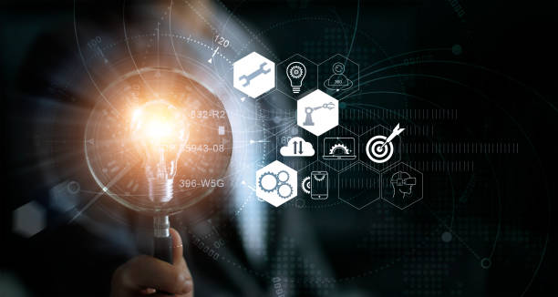 istock Businessman holding magnifying glass and light bulb. Idea and imagination. Creative and inspiration. Innovation icon network connection. Search engine optimisation. Innovative technology in science and industrial concept 962093568