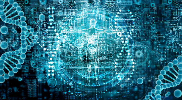 ricerca genetica e biotech science concept. tecnologia di biologia umana su sfondo digitale astratto. - dna medicine healthcare and medicine abstract foto e immagini stock