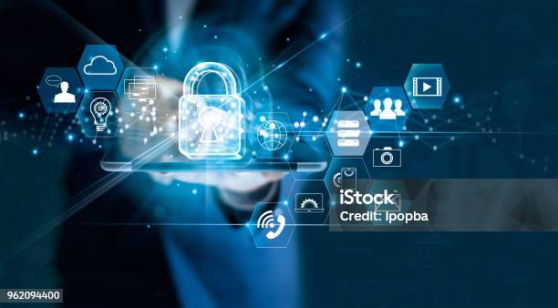 Data Protection Privacy Concept Gdpr Eu Cyber Security Network Business Man Protecting Data Personal Information On Tablet Padlock Icon And Internet Technology Networking Connection On Digital Dark Blue Background Stock Photo - Download Image Now