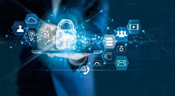 data protection privacy concept. gdpr. eu. cyber security network. business man protecting data personal information on tablet. padlock icon and internet technology networking connection on digital dark blue background. - computer network technology communication data imagens e fotografias de stock