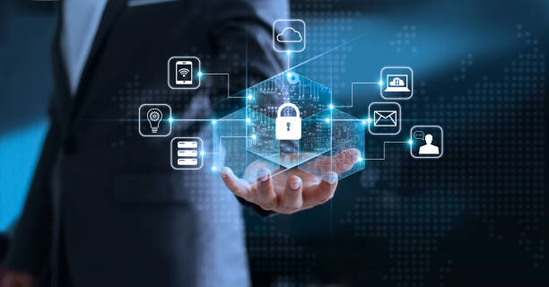 Data protection privacy concept. GDPR. EU. Cyber security network. Business man protecting his data personal information. Padlock icon and internet technology networking connection on virtual interface blue background. concepto de privacidad de protección de datos. gdpr. ue. red de la seguridad del cyber. hombre de negocios, proteger su información personal de datos. candado icono y internet la tecnología de redes de conexión en el fondo de la interfaz virtual azul.