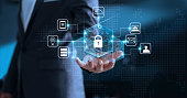 Data protection privacy concept. GDPR. EU. Cyber security network. Business man protecting his data personal information. Padlock icon and internet technology networking connection on virtual interface blue background.
