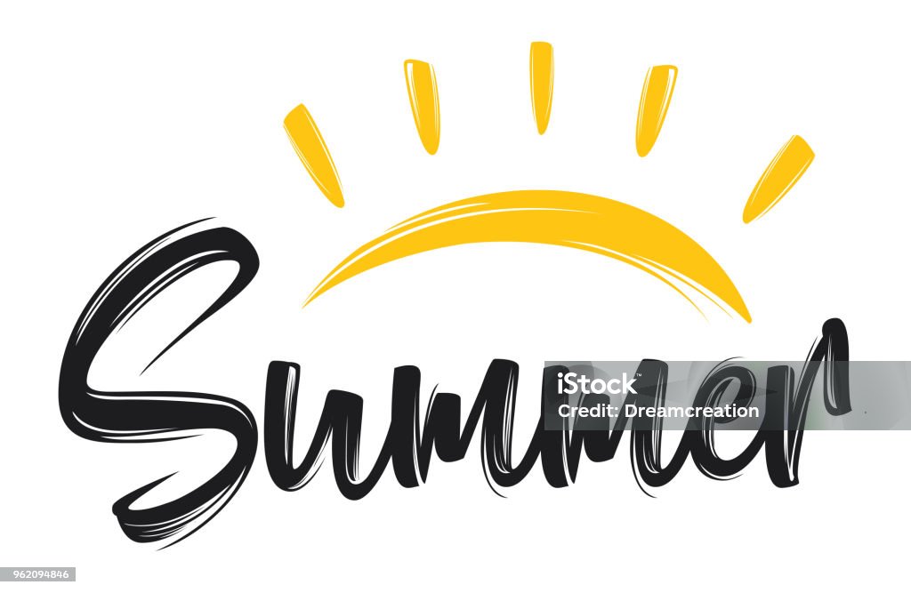 Handgezeichnete Zusammensetzung des Sommers mit einem Sonne-Schriftzug - Lizenzfrei Sommer Vektorgrafik