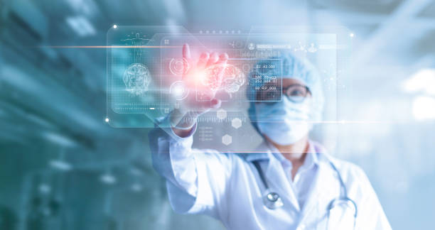 doctor, surgeon analyzing patient brain testing result and human anatomy on technological digital futuristic virtual computer interface, digital holographic, innovative in science and medicine concept - laboratory healthcare and medicine science research imagens e fotografias de stock