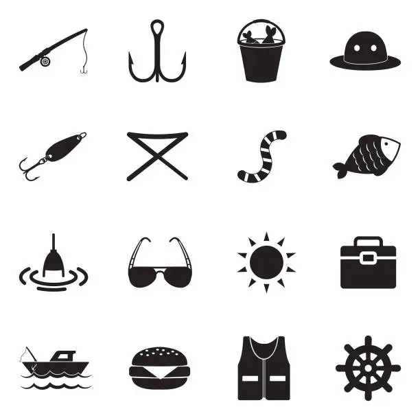 Vector illustration of Fishing Icons. Black Flat Design. Vector Illustration.