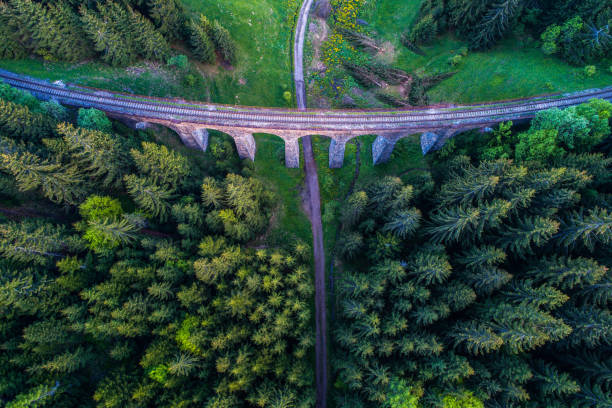 Historic railway viaduct near Telgart in Slovakia Aerial view of historic railway viaduct situated in the forest near Telgart in Slovakia former czechoslovakia stock pictures, royalty-free photos & images