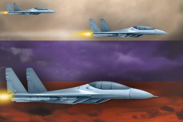 istock Russia air forces strike concept. Air planes attack on Russia flag background. 3d Illustration 962096992
