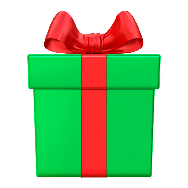 istock Green gift box with red bow and ribbon (front view). Vibrant elegant shiny present 962100186