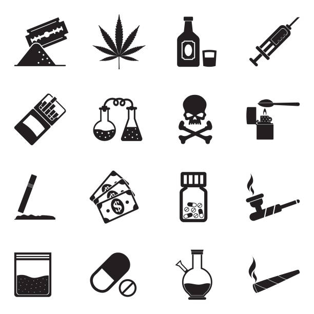 Drugs Icons. Black Flat Design. Vector Illustration. Marijuana, Lsd, Methamphetamine, Cocaine, Heroin, Addict cannabis narcotic stock illustrations