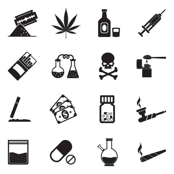 Drugs Icons. Black Flat Design. Vector Illustration. Marijuana, Lsd, Methamphetamine, Cocaine, Heroin, Addict bong stock illustrations