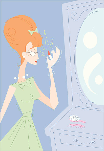 Vintage vanity Vector illustration of a woman dressed in vintage clothes and hair, putting on make-up in front of a mirror. beehive hairstyle stock illustrations