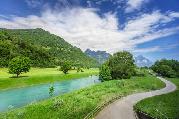 Background with the field, lake and the mountains of the Alps