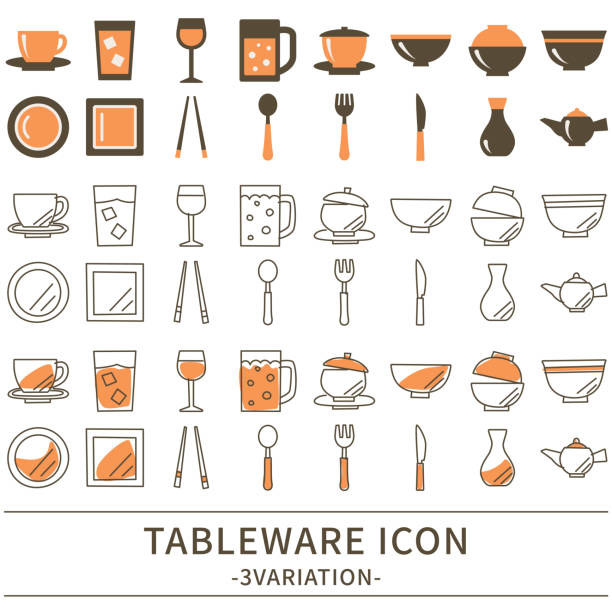 ilustraciones, imágenes clip art, dibujos animados e iconos de stock de icono de vajilla - white background container silverware dishware