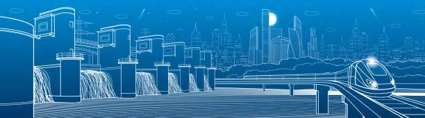 Vector illustration of City infrastructure industrial and transportation illustration panorama. Hydro power plant. River Dam. Energy station. Train move on bridge. White lines on blue background. Vector design art