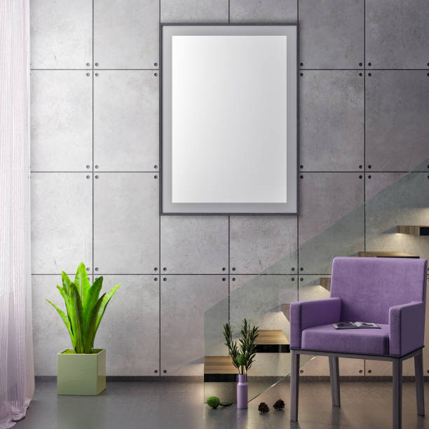 istock Mock up poster frame in hipster interior background and concrete wall, 3D illustration 962115332