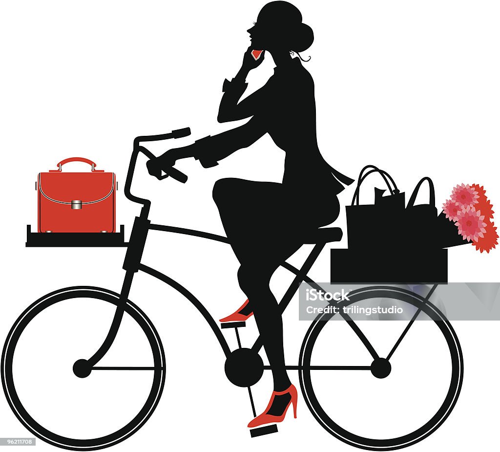 A silhouette of a woman on a bike Vector  Illustration of Silhouette a beautiful business woman speaking on the phone while riding a bicycle.  Activity stock vector