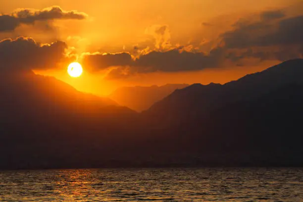 Spectacular Sunrise over the Red Sea and the bay of  Aqaba. Copy space, inspirational background