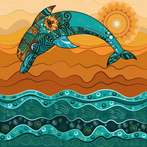 Vector illustration of Dolphin in the sea in the sun-2