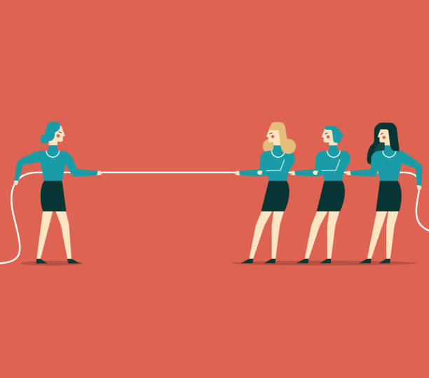 Tug of war - Businesswoman Tug Of War, people pulling a rope in opposite directions - Illustration ropes tied together stock illustrations