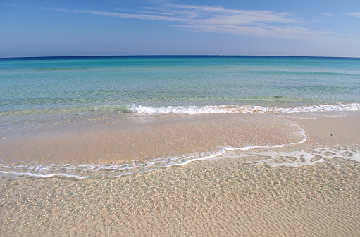 Beach sand, water, sky and horizon Santa Maria Del Mar, Cuba.