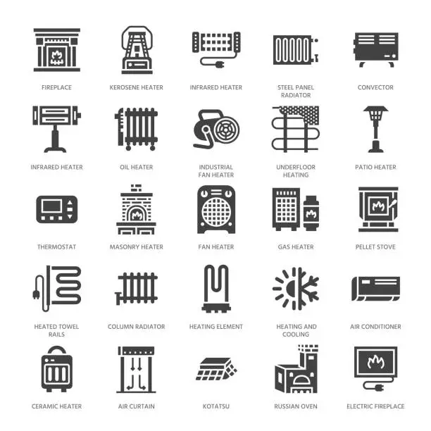 Vector illustration of Oil heater, fireplace, convector, panel column radiator and other house heating appliances glyph icons. Home warming pictogram. Equipment store signs. Solid silhouette pixel perfect 64x64