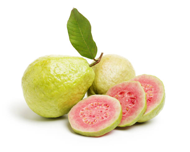 istock Guava fruit with leaves on white background 962131590