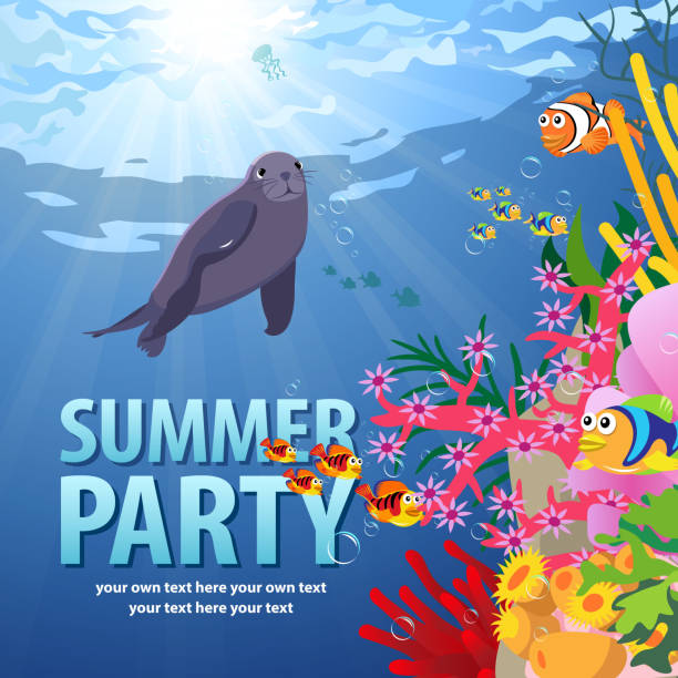 Dive Party with Sea Life Enjoy the summer party, dive into underwater with coral reef, seal and sea life seal animal stock illustrations