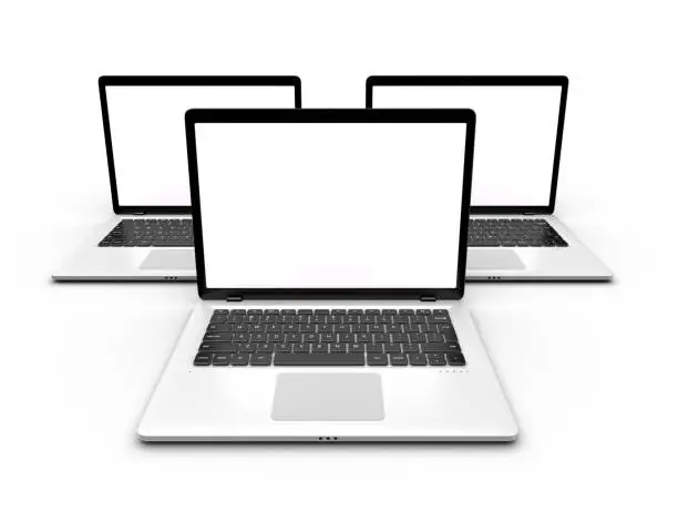 Three laptops with blank white screens isolated. Mockup laptop. Mockup for design and infographic. 3D rendering.