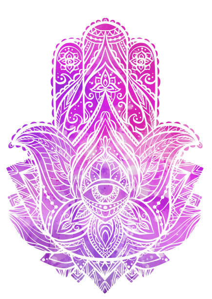 ilustrações, clipart, desenhos animados e ícones de ilustração de hamsa com fundo de aquarela boho padrão e rosa. mão de budas. - hamsa