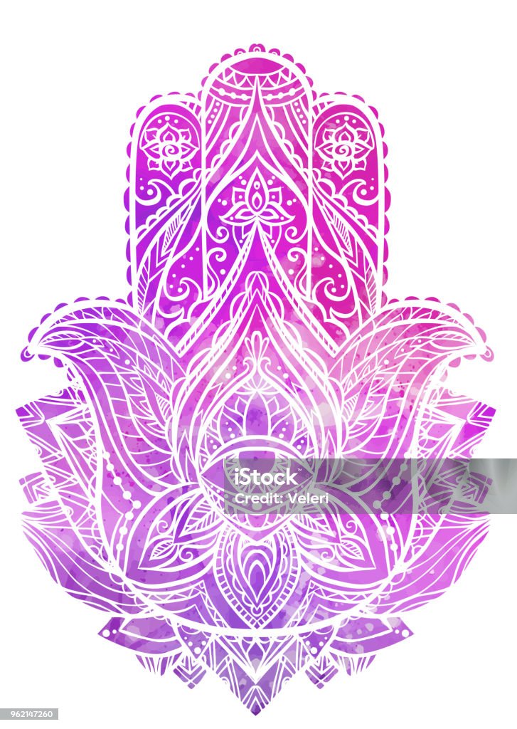 Illustration of Hamsa with boho pattern and pink watercolor background. Buddhas hand. Illustration of Hamsa with boho pattern and pink watercolor background. Buddhas hand. Vector element for your sketch of tattoo, coloring book, T-shirt print and your design. Hamsa Symbol stock vector