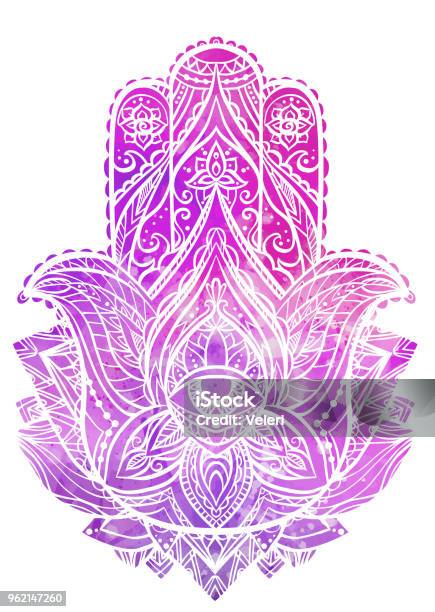 Illustration Of Hamsa With Boho Pattern And Pink Watercolor Background Buddhas Hand Stock Illustration - Download Image Now