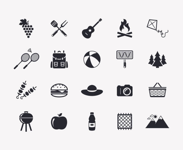 ilustrações de stock, clip art, desenhos animados e ícones de picnic and barbecue vector icons. - sign camera travel hiking