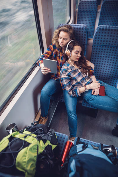 istock Female couple relaxing with music while travelling by train 962150284