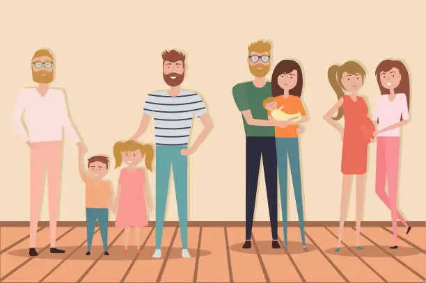 Vector illustration of Set of traditional and non-traditional family with kids.