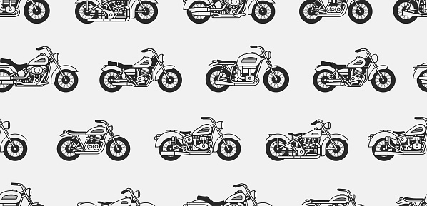 Seamless pattern with vintage motorcycles black silhouettes. isolated on gray background