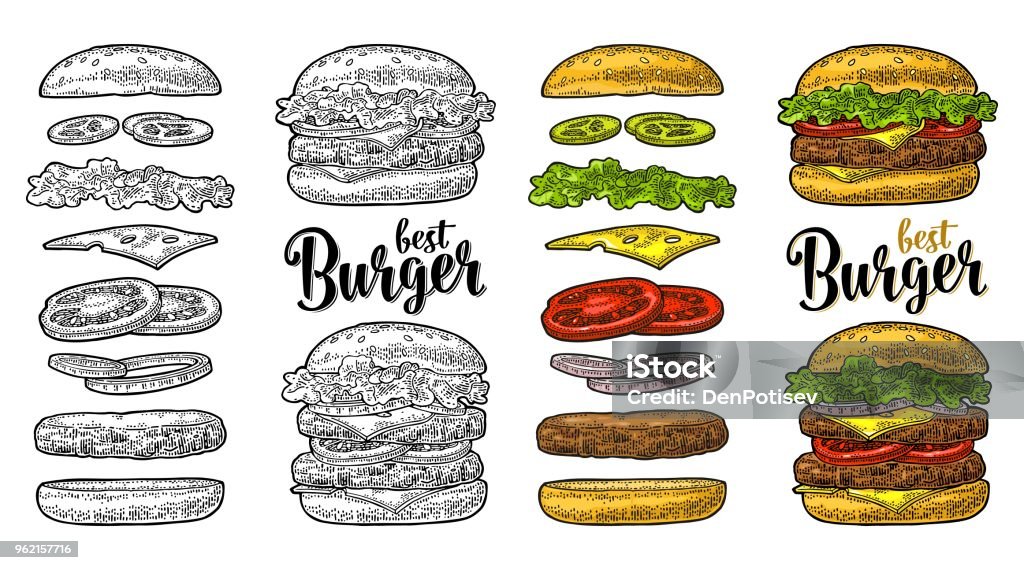 Burger with flying ingredients on white background. Vector black vintage engraving Double and classic burger with flying ingredients include bun, tomato, salad, cheese, onion, cucumber. Best burger lettering. Vector color vintage engraving Illustration isolated on white background Burger stock vector