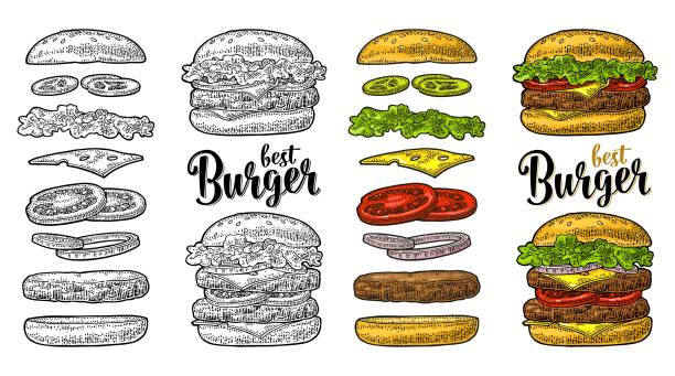 Burger with flying ingredients on white background. Vector black vintage engraving Double and classic burger with flying ingredients include bun, tomato, salad, cheese, onion, cucumber. Best burger lettering. Vector color vintage engraving Illustration isolated on white background burger stock illustrations