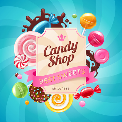 Candy shop poster. Colorful background with sweets - lollipops, chocolate splash, wrapped candies on shine background.
