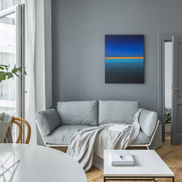 istock Scandinavian style, gray living room 962158202