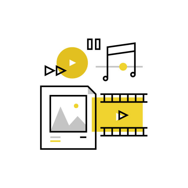 Multimedia Content Monoflat Icon Modern vector icon of multimedia files, media content and web player elements. Premium quality vector illustration concept. Flat line icon symbol. Flat design image isolated on white background. movie sound clips stock illustrations