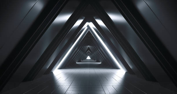 futuristico corridoio fantascientifico realistico con luci bianche e riflessi. rendering 3d - stargate foto e immagini stock