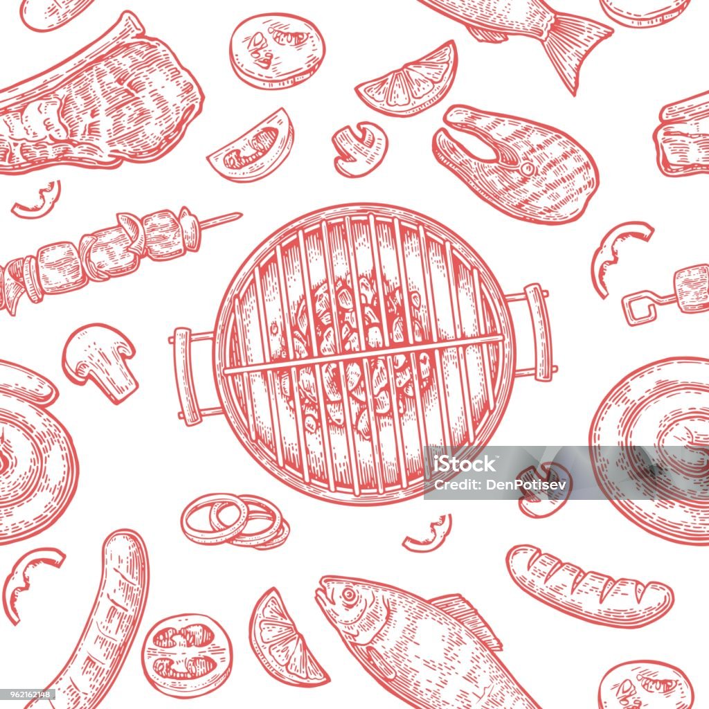 Grill Top Pattern Seamless Pattern Barbecue Grill Top View Charcoal Sausage Fish Steak ...