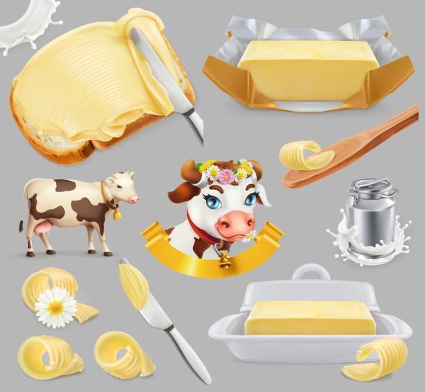 illustrazioni stock, clip art, cartoni animati e icone di tendenza di burro. azienda lattiero-casearia. set di icone vettoriali realistiche 3d - butter margarine fat bread