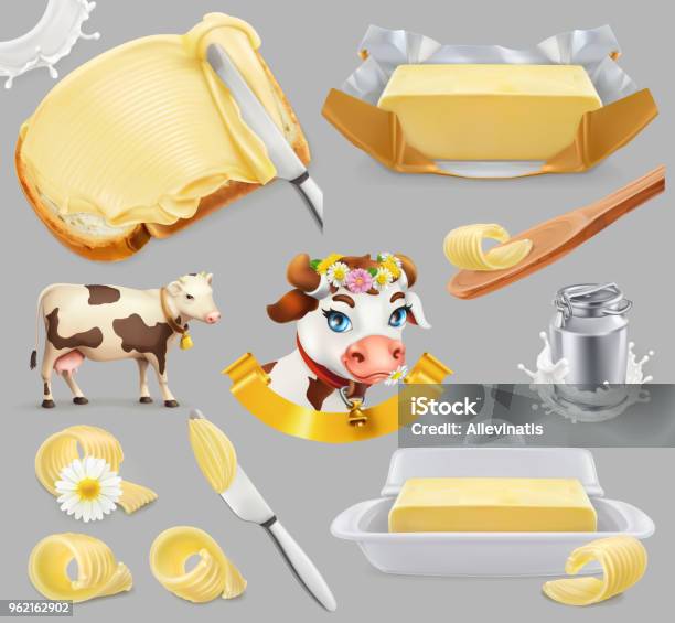 Butter Milk Farm 3d Realistic Vector Icon Set Stock Illustration - Download Image Now - Butter, Table Knife, Kitchen Knife