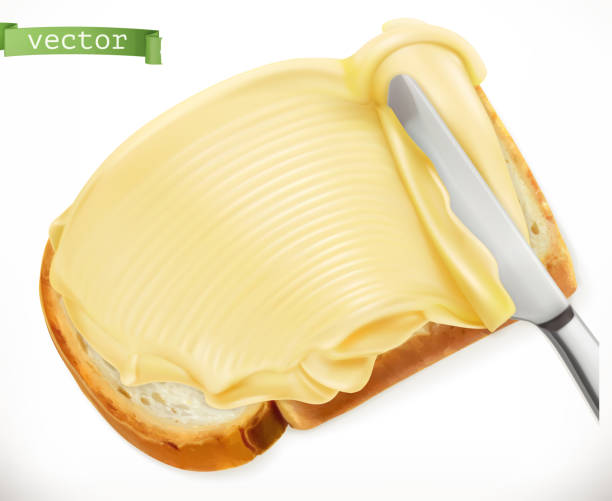 ilustraciones, imágenes clip art, dibujos animados e iconos de stock de cuchillo y mantequilla sobre el pan. 3d icono vector realista - butter